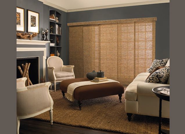 Clearwater Family room with navy walls and textured sliding panel tracks.